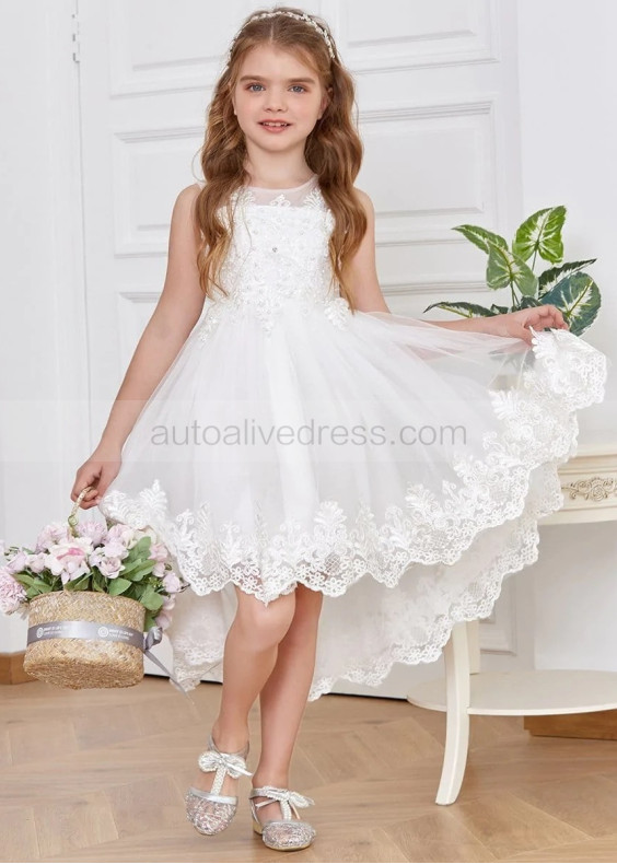Ivory Beaded Lace Tulle High Low Popular Flower Girl Dress